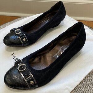 AGL Ballet Wedge: Navy Suede, Black Snakeskin, Silver Buckle (38.5 EU, 8.5 US)